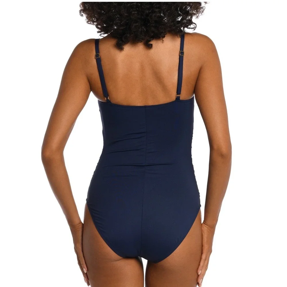 La Blanca Island Goddess One Piece Swimsuit Indigo Blue Ruched LB0IG24-IND Sz 10